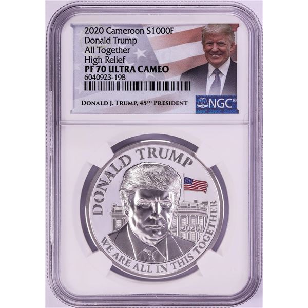 2020 Cameroon 1000 Francs High Relief Donald Trump Silver Coin NGC PF70 Ultra Cameo