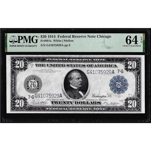 1914 $20 Federal Reserve Note Chicago Fr.991a PMG Choice Uncirculated 64EPQ