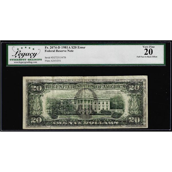1981A $20 Federal Reserve Note Fr.2074-D Full Offset Error Legacy Very Fine 20