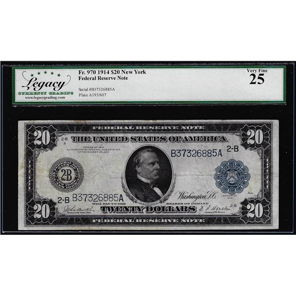 1914 $20 Federal Reserve Note New York Fr.970 Legacy Very Fine 25