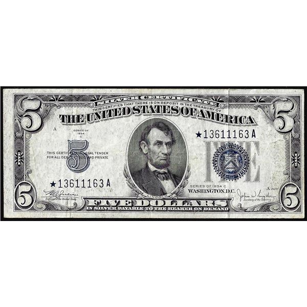 1934C $5 Silver Certificate Star Note