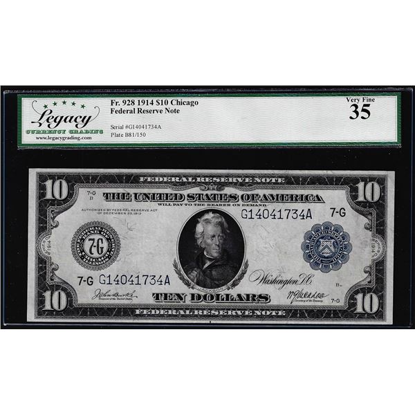 1914 $10 Federal Reserve Note Chicago Fr.928 Legacy Very Fine 35