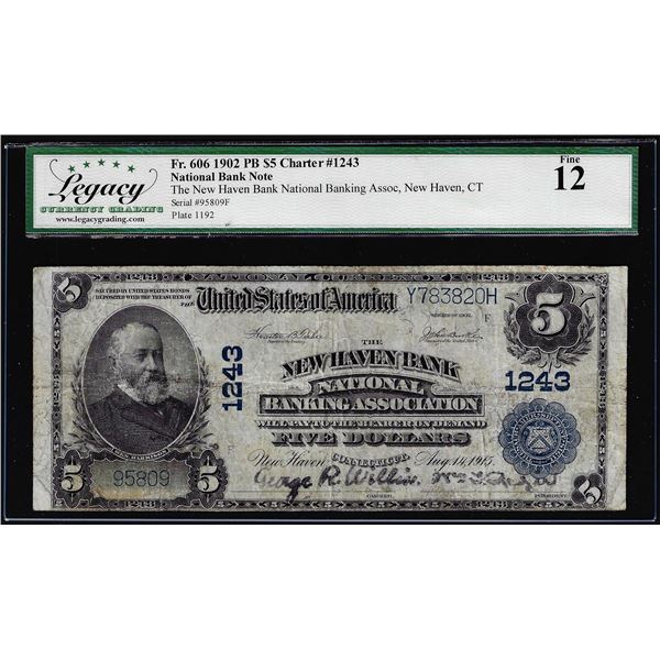 1902PB $5 NB New Haven, CT CH# 1243 National Currency Note Fr.606 Legacy Fine 12
