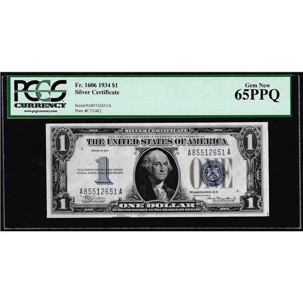 1934 $1 Funnyback Silver Certificate Note FR.1606 PCGS Gem New 65PPQ
