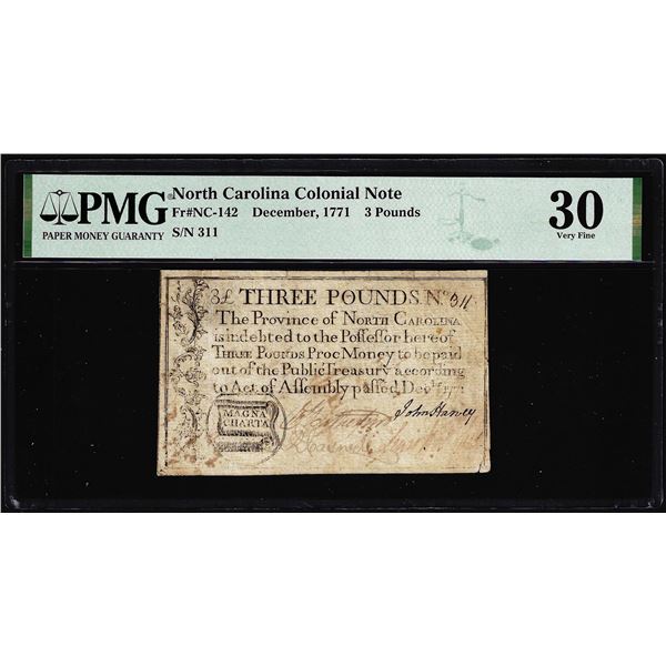 1771 North Carolina 3 Pounds Colonial Note NC-142 PMG Very Fine 30 Magna Charta