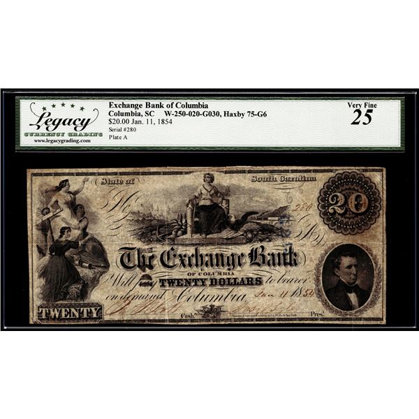 1854 $20 Exchange Bank of Columbia South Carolina Obsolete Note Legacy Very Fine 25