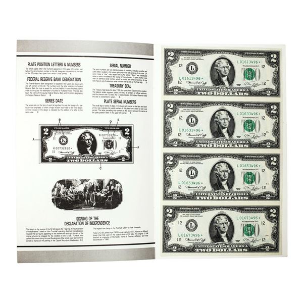Uncut Sheet of (4) 1976 $2 Federal Reserve Star Notes San Francisco