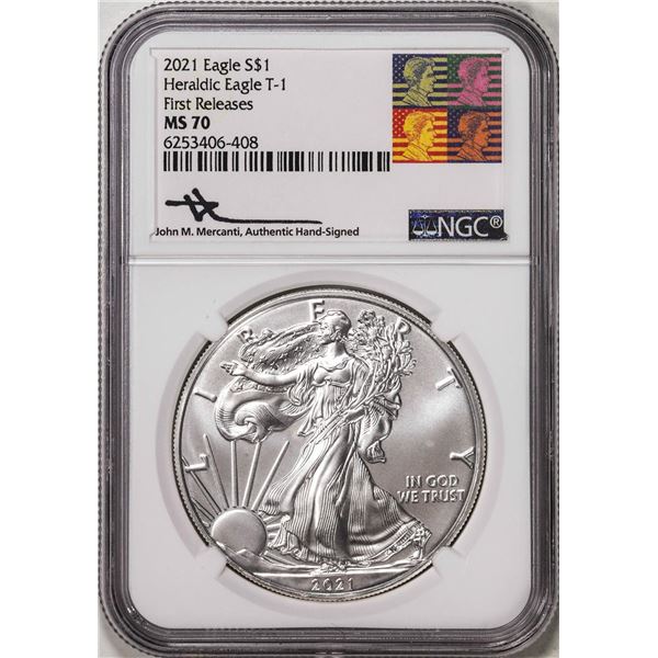 2021 Type 1 $1 American Silver Eagle Coin NGC MS70 First Releases Mercanti Signed