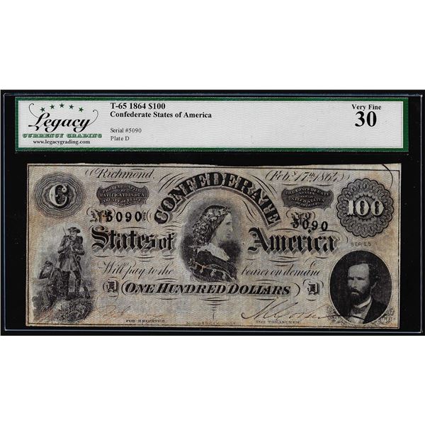 1864 $100 Confederate States of America Note T-65 Legacy Very Fine 30