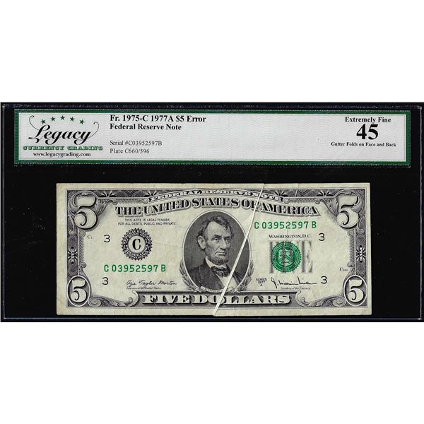 1977A $5 Federal Reserve Note Multiple Gutter Folds Error Legacy Extremely Fine 45