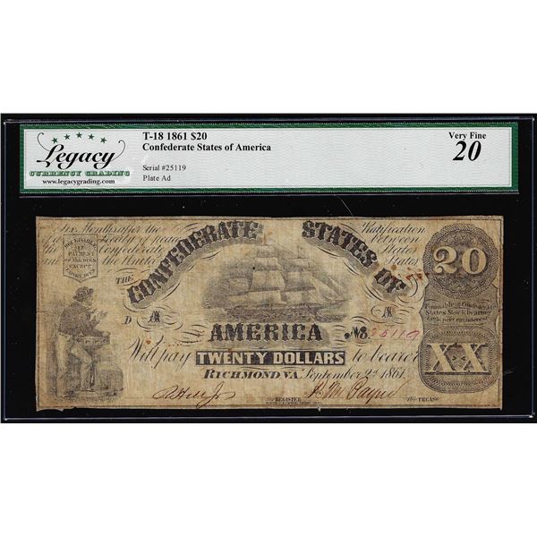 1861 $20 Confederate States of America Note T-18 Legacy Very Fine 20