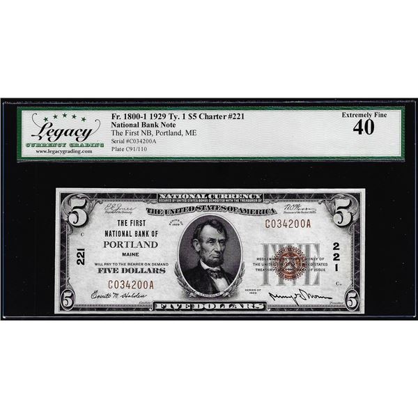 1929 $5 The First NB Portland, ME CH# 221 National Currency Note Legacy XF40
