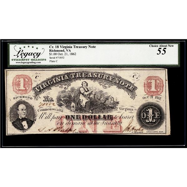 1862 $1 Virginia Treasury Note Richmond, VA Obsolete Note Legacy Choice About New 55