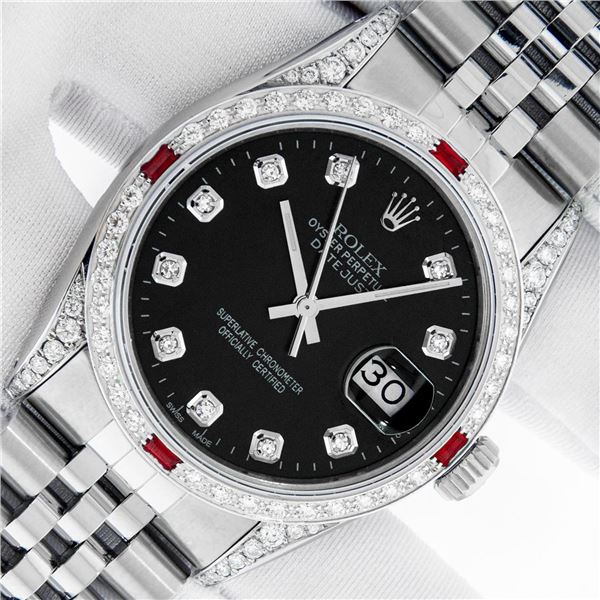 Rolex Men's Stainless Steel Diamond and Ruby Datejust Wristwatch with Rolex Box