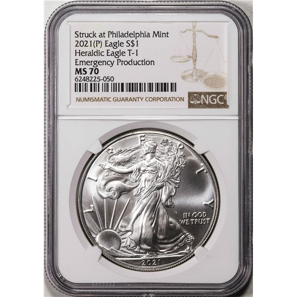 2021(P) Type 1 $1 American Silver Eagle Coin NGC MS70 Struck at Philadelphia