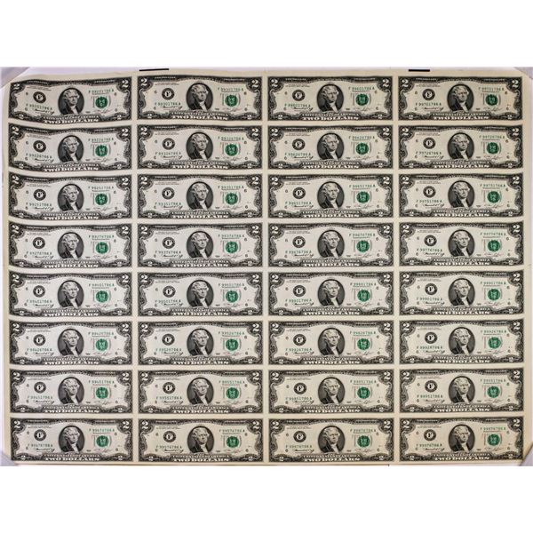 Uncut Full Sheet of (32) 1976 $2 Federal Reserve Notes Atlanta