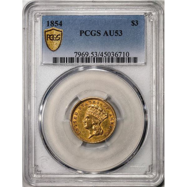 1854 $3 Indian Princess Head Gold Coin PCGS AU53