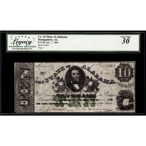 1864 $10 State of Alabama Montgomery, AL Obsolete Note Cr.14 Legacy Very Fine 30