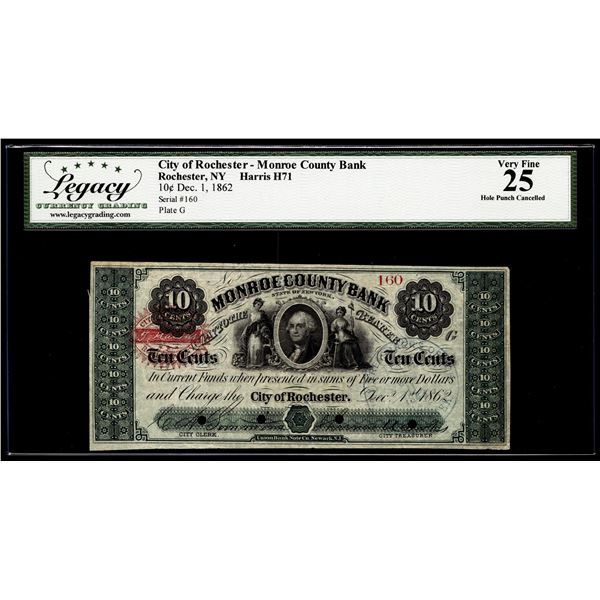 1862 Ten Cents City of Rochester Monroe County Bank Obsolete Note Legacy Very Fine 25