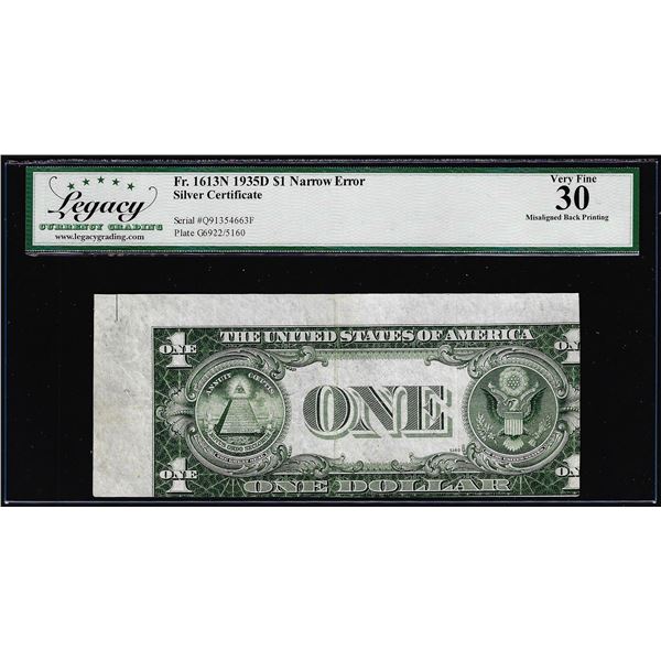 1935D $1 Silver Certificate Note Misaligned Back Printing Error Legacy Very Fine 30