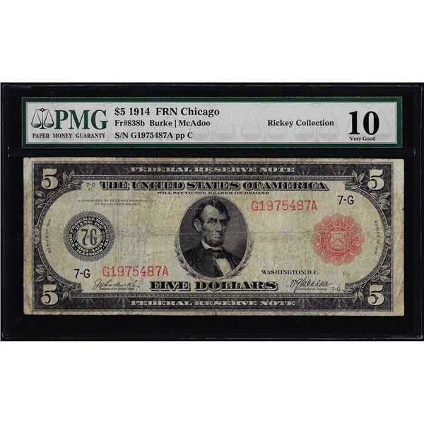 1914 $5 Federal Reserve Note Chicago Red Seal Fr.838b PMG 10 Very Good
