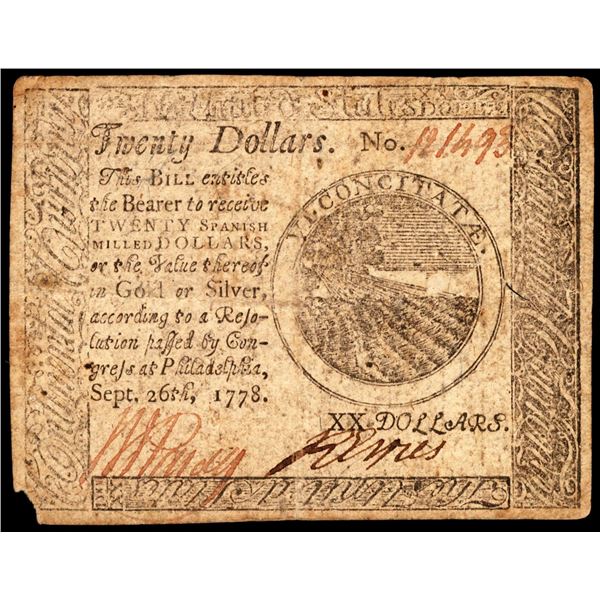 September 26, 1778 $20 Continental Currency Note