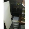 Image 1 : 2 PLASTIC STORAGE CONTAINERS ON ROLLERS & SM. BLACK SHELF UNIT