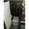 Image 1 : 2 PLASTIC STORAGE CONTAINERS ON ROLLERS & SM. BLACK SHELF UNIT