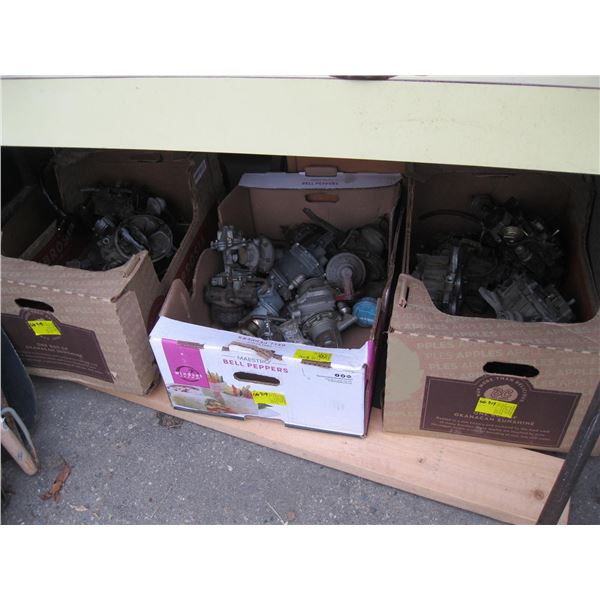 3 BOXES OF ASST. CARBURETORS, FUEL PUMPS, ETC.