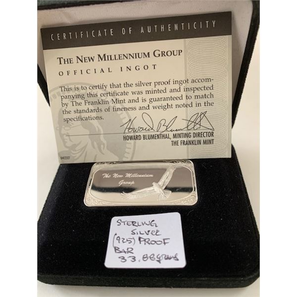 NEW MILLENIUM GROUP OFFICIAL INGOT, 1 OZ OF FINE .999 (TAX EXEMPT) SILVER, 31.1G