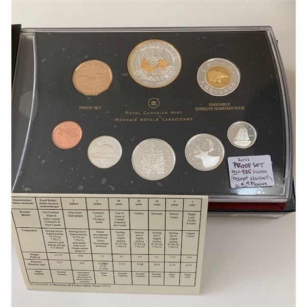 2011 PROOF SET CANADIAN COINAGE - ALL .925 SILVER (EXCEPT LOONIE & PENNY) COINS