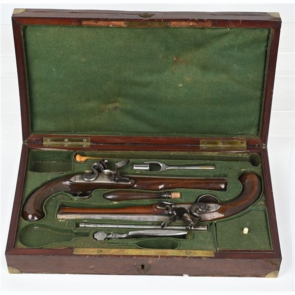PAIR OF CASED SILVER MOUNTED KETLAND FLINT PISTOLS
