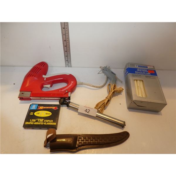 glue gun, glue sticks, staple gun, staples, knife