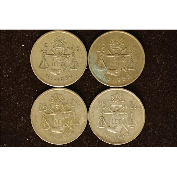 4 MEXICO SILVER CAP & RAY SILVER 25 CENTAVOS
