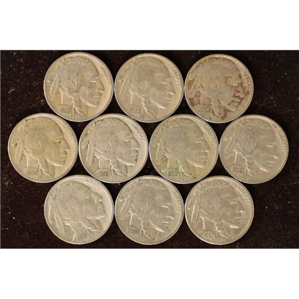 10 ASSORTED FULL DATE BUFFALO NICKELS: 1928-1936