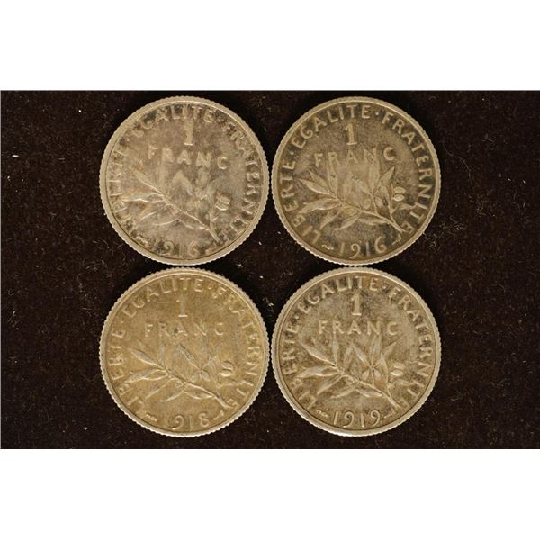 4 FRANCE SILVER 1 FRANC COINS (1916-1919) .1342