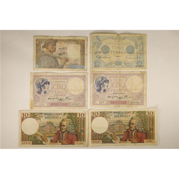 6 FRANCE BILLS: 1915 - 5 FRANCS, 1939 - 5 FRANCS,