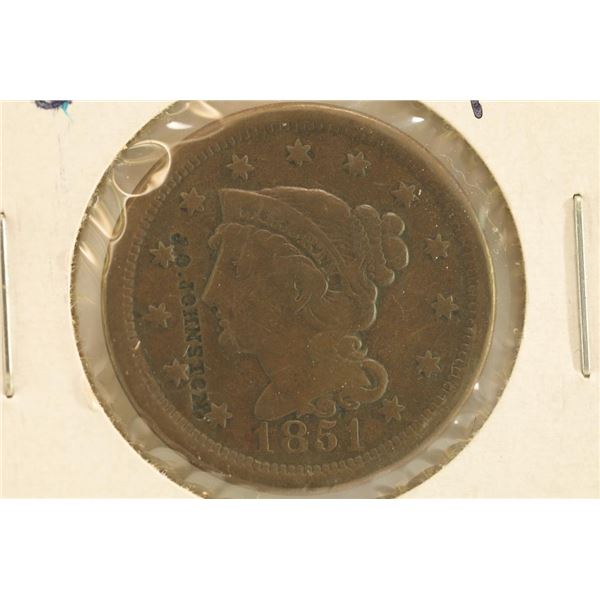 1851 US LARGE CENT WITH COUNTERSTAMP J. O.