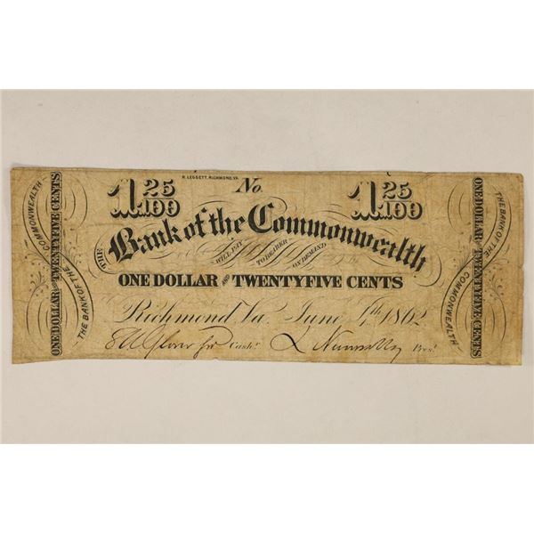 1862 BANK OF THE COMMONWEALTH $1.25 OBSOLETE