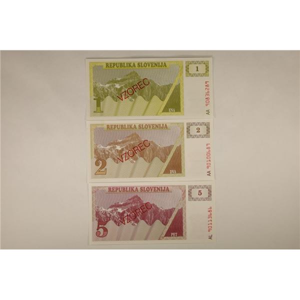 3 - 1990 SLOVANIA SAMPLE BILLS: 2, 5 & 10 TOLARS