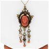 Image 2 : Antique Victorian 14K Gold High Relief Carved Coral Cameo & Bead Dangle Pendant