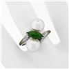 Image 3 : Vintage 14k White Gold 8.35mm Round Pearl Marquise Cut Jade Bypass Ring