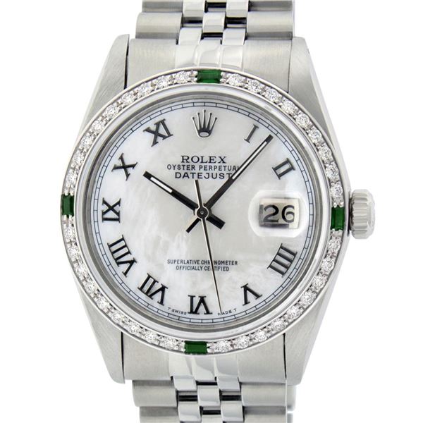 Rolex Mens Stainless Steel Silver MOP Roman 36MM Diamond & Emerald Datejust