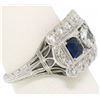 Image 7 : Antique Art Deco Etched Platinum 1.0 ctw European Cut Diamond & Syn Sapphire Rin