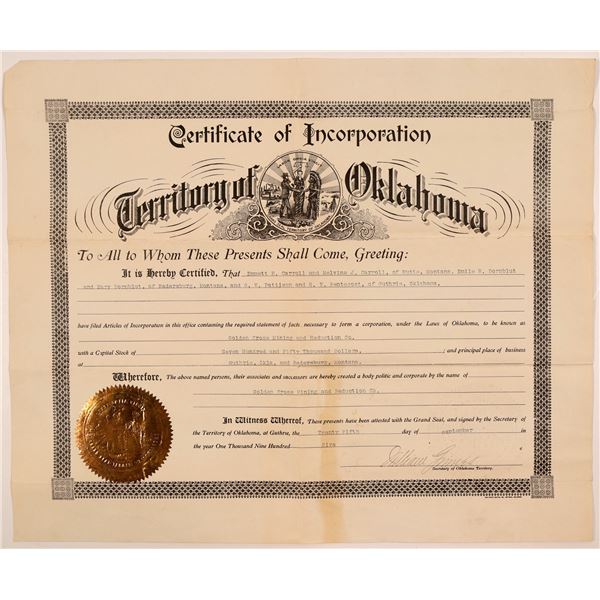 Radersburg, MT Gold Certificate of Incorporation [108174]