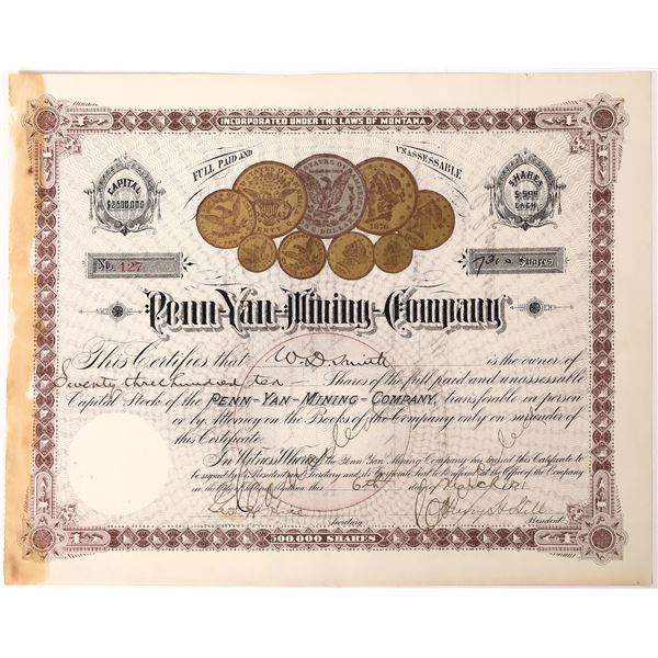 Penn Yan Mining Company Stock Certificate w/ Coin Vignettes [160439]