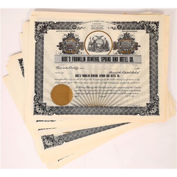 Hide's Franklin Mineral Spring & Hotel Co. Stock Certificates (85) [155740]