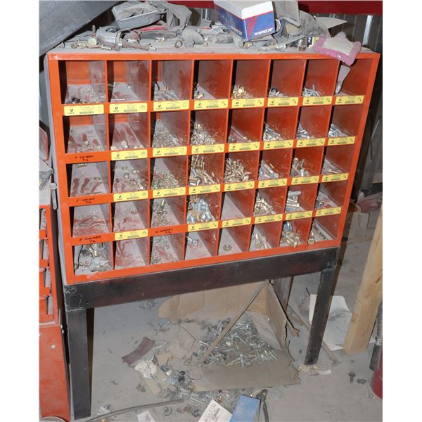 ORANGE METAL 40 BIN PARTS HOLDER WITH BLACK STAND