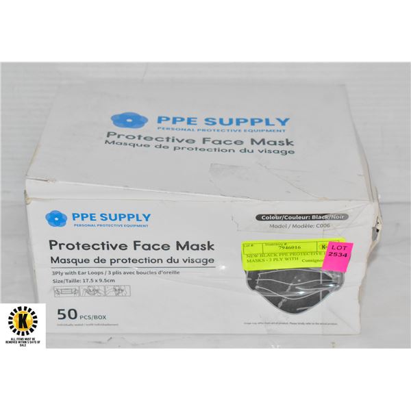 NEW BLACK PPE PROTECTIVE FACE MASKS - 3 PLY WITH