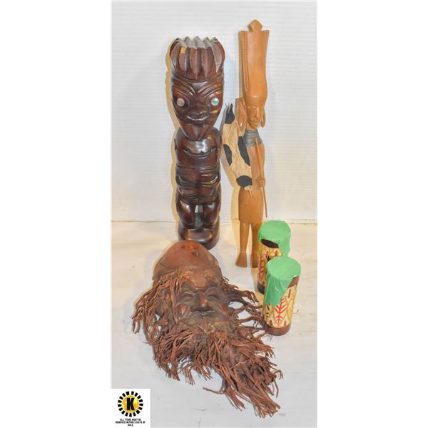 "TRIBAL" STYLE CARVED WOOD ITEMS- SET OF 4